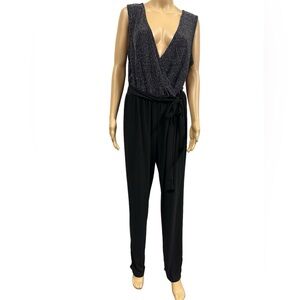 Forever Rose Black Metallic Silver Sleeveless Belted Jumpsuit Plus Size 1X